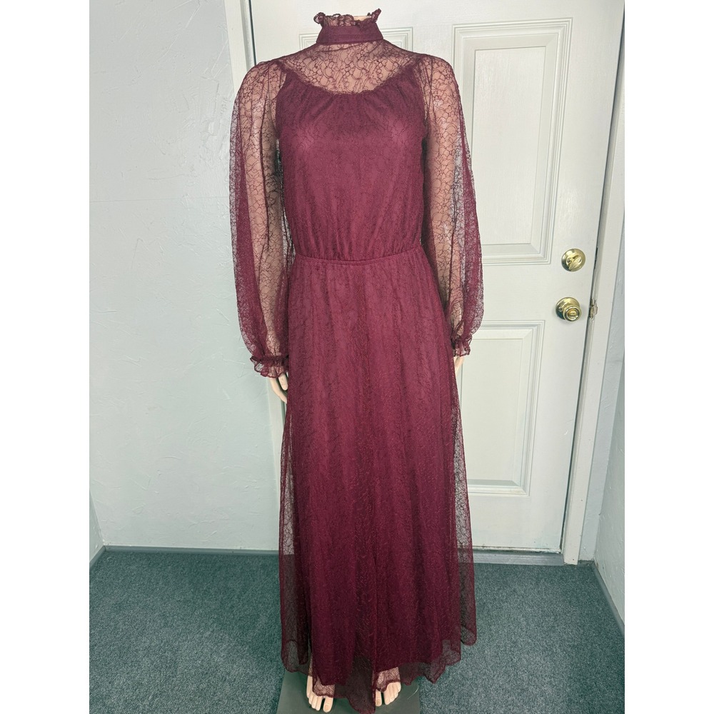 Vintage 70s Dress Formal Party Evening Bridesmaid Maxi Floral Sheer Polyester W5